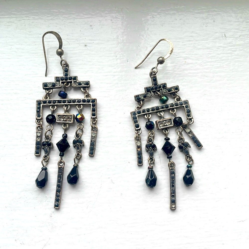Chico’s  Fun Earring
3” Long Dark Silver Metal With Black & Clear Stones